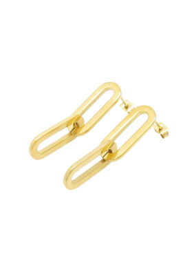 A pair of gold geometric link drop earrings featuring an interlocking chain-inspired open-link design, adding a bold yet sophisticated touch to any outfit.