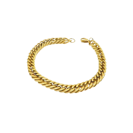 Close-up of a Men’s Gold Cuban Link Bracelet featuring a polished gold finish and a secure clasp closure.