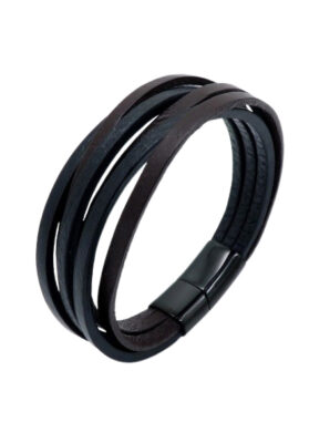 Close-up of a Men’s Black Leather Bracelet with a multi-layered design and a sleek black magnetic clasp.