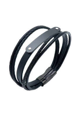 Close-up of a Men’s Black Leather Bracelet with a multi-layered design, a sleek black stainless steel plate, and a secure clasp closure.