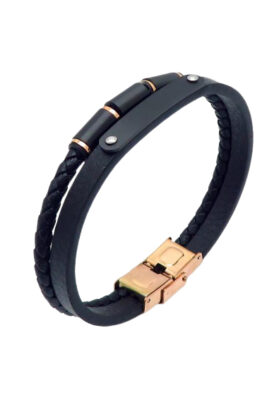 Close-up of a Men’s Black Leather Bracelet with a braided design, rose gold accents, and a secure clasp closure.