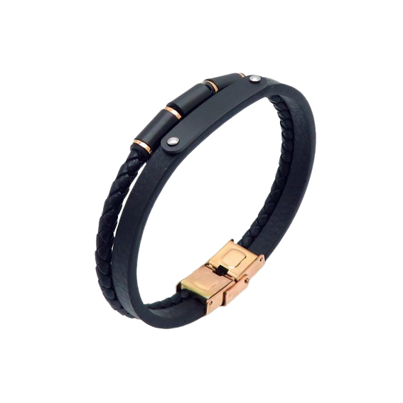 Close-up of a Men’s Black Leather Bracelet with a braided design, rose gold accents, and a secure clasp closure.