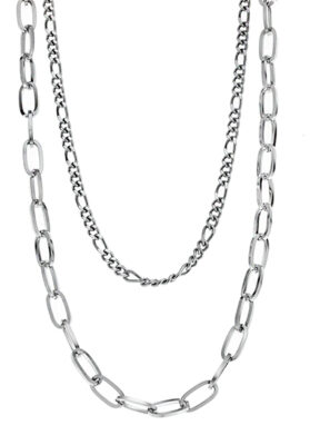 Close-up of a Men’s Silver Layered Chain Necklace featuring two unique chain styles with a polished finish.
