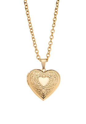 Close-up of a Gold Heart Locket Necklace with an intricate engraved design and a classic gold chain.