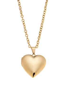 Close-up of a Gold Heart Locket Necklace with a polished finish and a delicate chain.