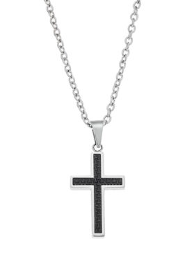 Close-up of a Men’s Stainless Steel Cross Pendant Necklace with a black inlay and silver-tone finish.