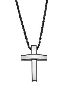 Close-up of a Men’s Black & Silver Stainless Steel Cross Necklace with a bold layered design and a black chain.