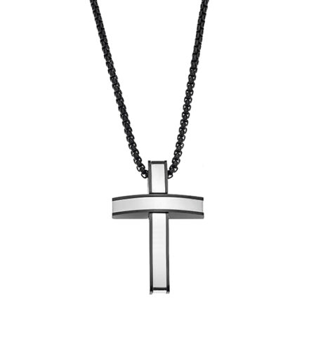 Close-up of a Men’s Black & Silver Stainless Steel Cross Necklace with a bold layered design and a black chain.