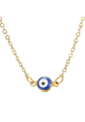 Close-up of a Gold Evil Eye Necklace featuring a blue evil eye charm and a delicate gold chain.