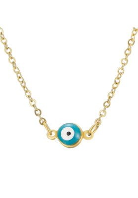 Close-up of a Gold Turquoise Evil Eye Necklace with a turquoise evil eye charm and a delicate gold chain.