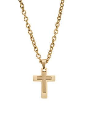 Close-up of a Men’s Gold Stainless Steel Cross Necklace with a layered design and polished gold finish.