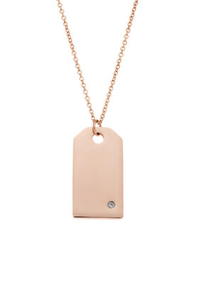 Close-up of a Rose Gold Tag Necklace with a minimalist design and a small crystal detail.