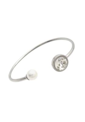 Close-up of a Silver Open Cuff Bracelet featuring a pearl on one end and a round-cut crystal on the other.