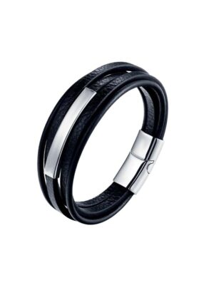 Close-up of a Men’s Black Leather Wrap Bracelet with silver-tone accents and a secure magnetic clasp.