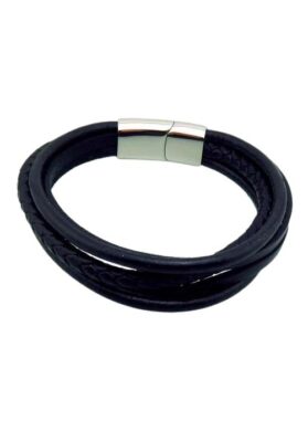 Black leather wrap bracelet with a silver-tone magnetic clasp