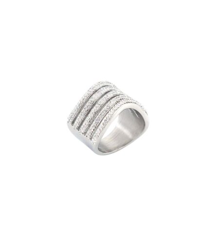 Chunky silver ring with layered rows of diamond accents, offering a bold and luxurious design.