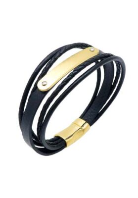 Close-up of a Men’s Black Leather Wrap Bracelet featuring multiple strands and gold-tone metal details.