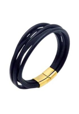 Close-up of a Men’s Black Leather Wrap Bracelet with a gold-tone magnetic clasp and multi-layered design.