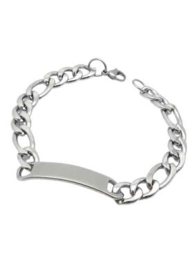 Close-up of a Men’s Stainless Steel Cuban Link Bracelet with a polished metal plate and durable chain links.