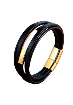 Close-up of a Men’s Black Leather Bracelet with gold-tone stainless steel accents and a magnetic clasp.