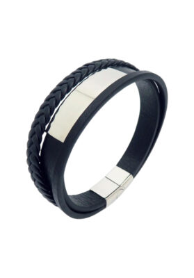 Black leather bracelet with stainless steel plate and braided accents – Modern and stylish
