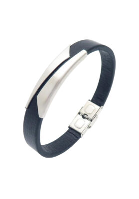 Men’s black leather bracelet with a polished stainless steel plate and secure clasp
