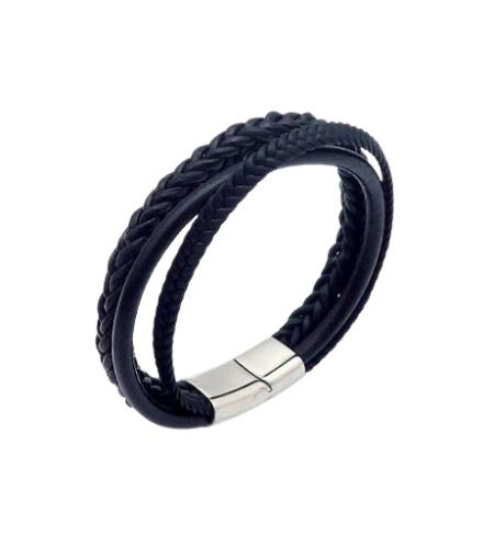Black braided multi-layer leather bracelet with a secure magnetic clasp – Stylish and durable