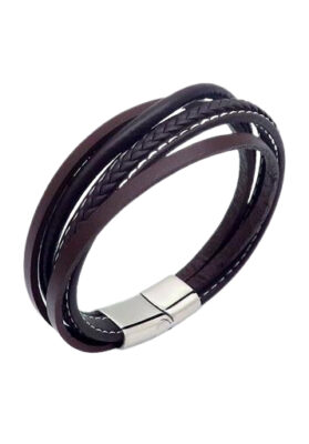 Brown multi-layer leather bracelet with smooth and braided textures – Elegant and modern