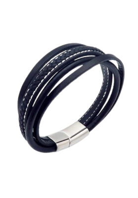 Black multi-layer leather bracelet with braided and smooth textures – Modern and stylish