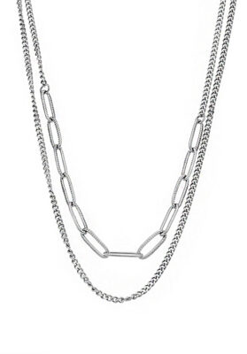 Silver layered chain necklace with paperclip and curb link design – Modern and stylish