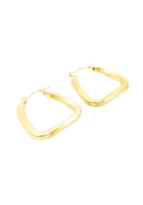 Gold square hoop earrings with a unique, high-polish finish