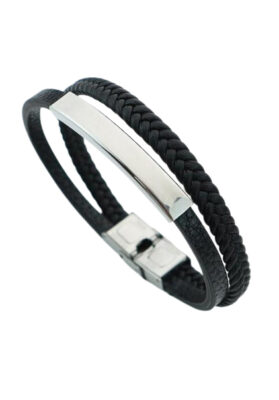 Men's black leather bracelet with stainless steel bar – Stylish & modern design