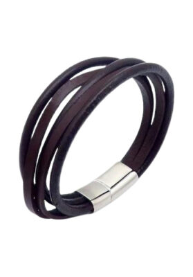Men's multi-strand brown leather bracelet with stainless steel clasp – Stylish & modern
