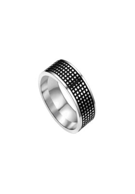 Black and silver ring with a modern grid pattern design