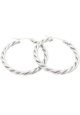 Twisted silver hoop earrings with a polished finish