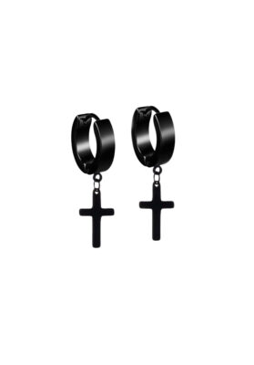 Black hoop earrings with dangling cross pendants