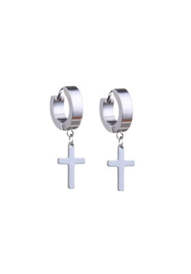 Silver hoop earrings with dangling cross pendants