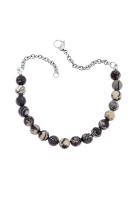 Natural stone beaded necklace with marbled black and beige beads and an adjustable silver chain