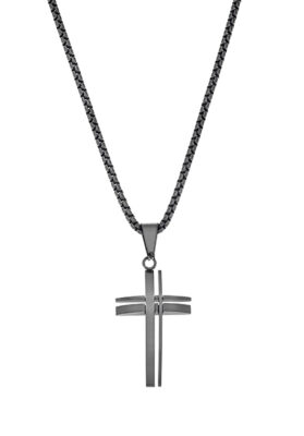 Black stainless steel cross pendant necklace with a modern layered design