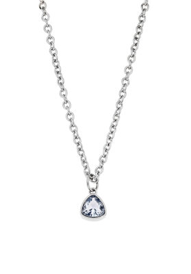 Silver necklace with a blue teardrop gemstone pendant