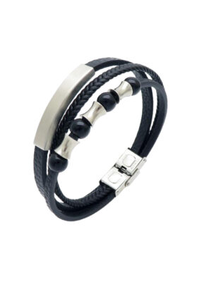 Black leather bracelet with beads, stainless steel accents, and a secure clasp