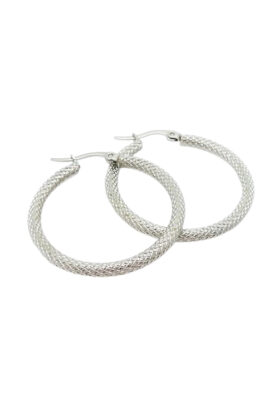Silver mesh hoop earrings with a textured woven design