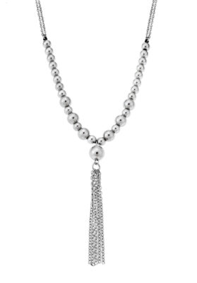Silver beaded necklace with a polished finish, featuring a tassel pendant for an elegant touch.