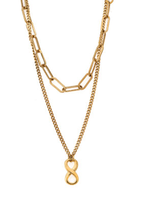 Trendy gold layered chain necklace featuring bold and delicate links, designed for modern elegance and versatility.