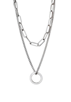 Silver-toned layered chain necklace with geometric links and curb chain design.