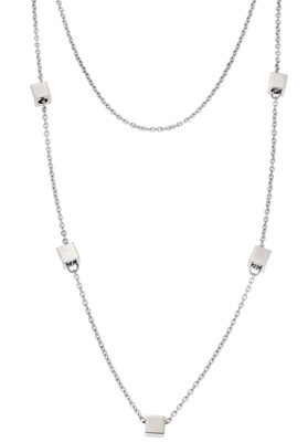 Minimalist silver chain necklace with geometric cube accents in polished stainless steel finish.