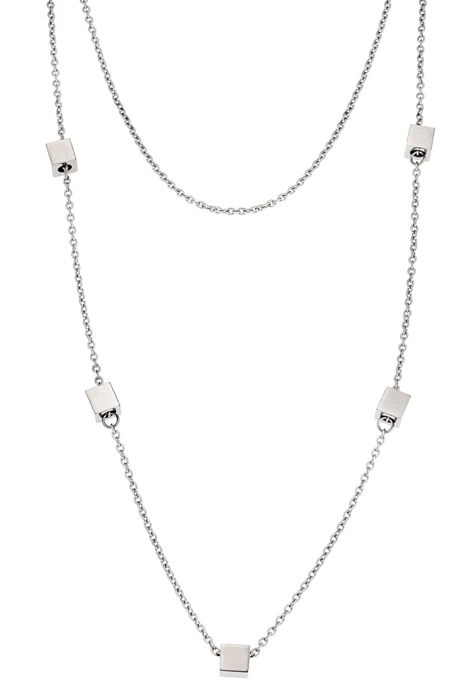 Minimalist silver chain necklace with geometric cube accents in polished stainless steel finish.