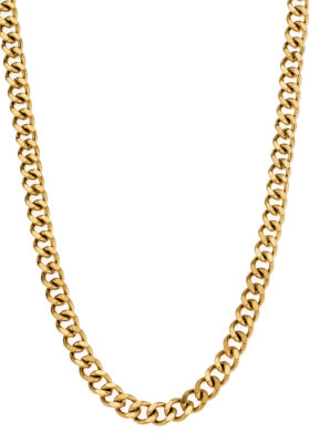 Gold stainless steel Cuban chain necklace with a polished, high-shine finish for men.