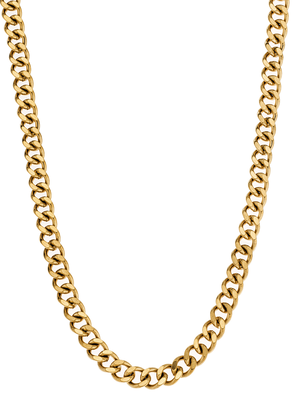 Gold stainless steel Cuban chain necklace with a polished, high-shine finish for men.