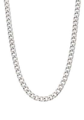 Silver curb chain necklace for men, crafted from stainless steel with a polished finish and secure lobster clasp.